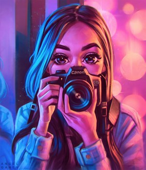 Artwork of a woman holding a Canon EOS camera