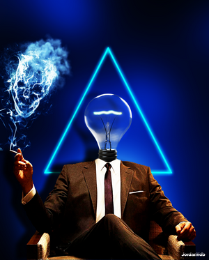Don Draper with a lightbulb head and smoking skull