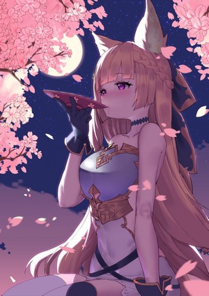 Yuisis from Granblue Fantasy drinking sake under cherry blossoms