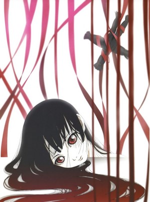 Enma Ai from Jigoku Shoujo surrounded by red ribbons