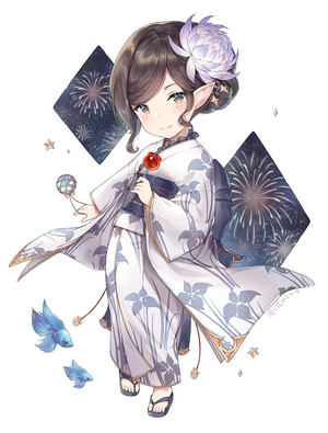 Ayuanlv from Granblue Fantasy in Yukata with Fireworks