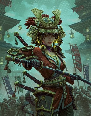 Fantasy female samurai warrior in rain