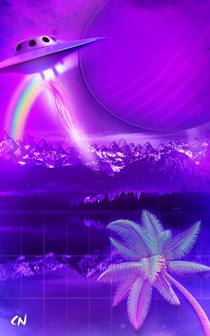 UFO abducting rainbow over mountains with palm tree