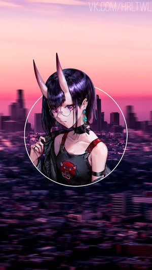 Anime girl with horns and glasses over city