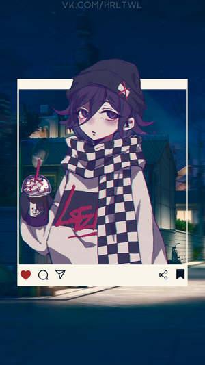 Kokichi Ouma from Danganronpa holding a drink