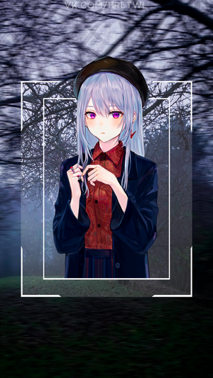 Anime girl with purple eyes wearing a beret and jacket