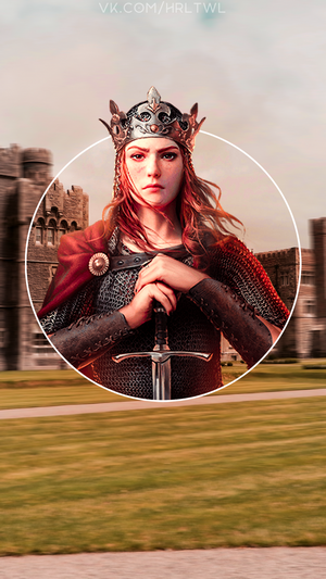 Redhead warrior queen with sword in front of castle