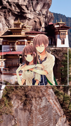 Anime couple in front of Bhutanese monastery