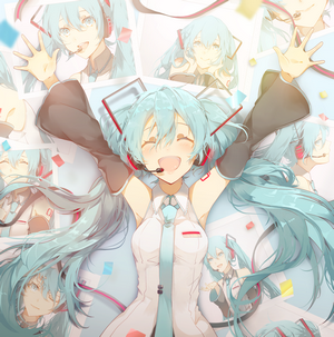 Hatsune Miku from Vocaloid surrounded by photos