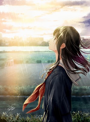 Anime girl in school uniform in the rain