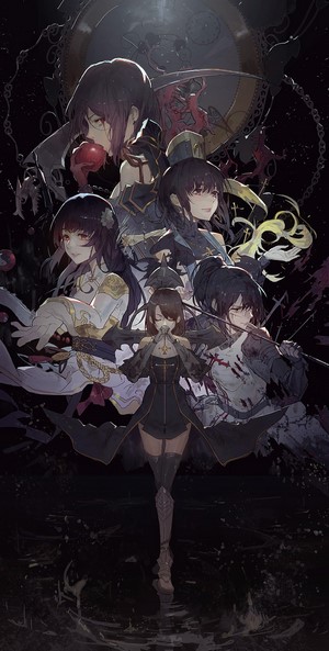 Anime girls with dark hair in a dark fantasy setting
