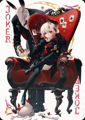Anime Joker card with demon girl and skull-faced man