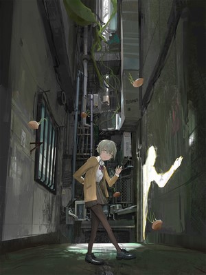 Anime girl in school uniform in an alley