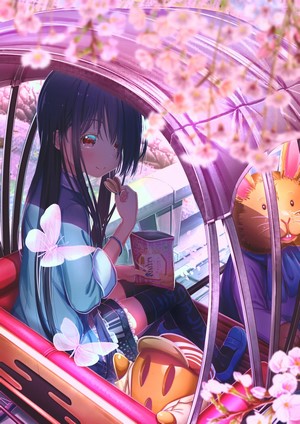 Anime girl eating snacks in a rickshaw with cherry blossoms