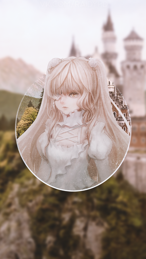 Anime girl with blonde hair and white dress in front of castle