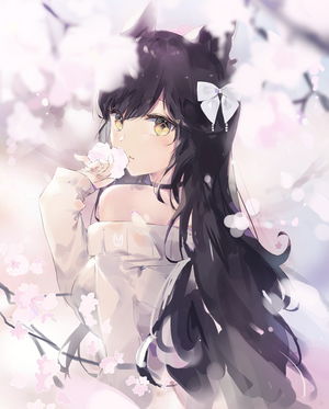 Anime girl with black hair and cat ears smelling a flower
