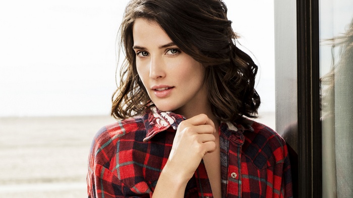 Cobie Smulders in a red plaid shirt