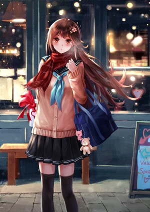 Anime girl in school uniform with scarf and bag