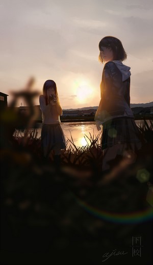 Two anime girls by a lake at sunset