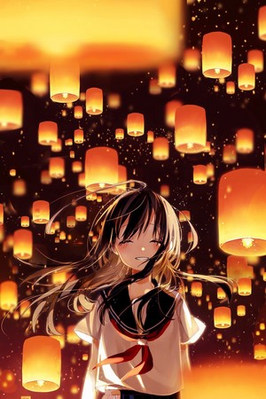 Anime girl in sailor uniform releasing lanterns at night