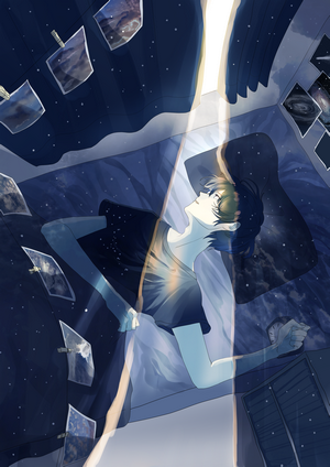 Anime boy lying in bed with galaxy pictures