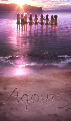 Aqours girls holding hands at sunset on the beach