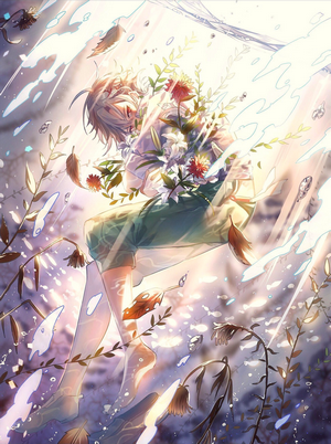 Anime boy with white hair and flowers underwater