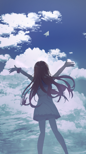 Anime girl with arms outstretched in the sky with paper airplane