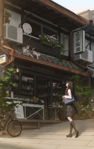 Anime girl in school uniform with cats outside a shop