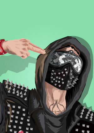 Man in mask and hoodie with spikes, finger gun gesture