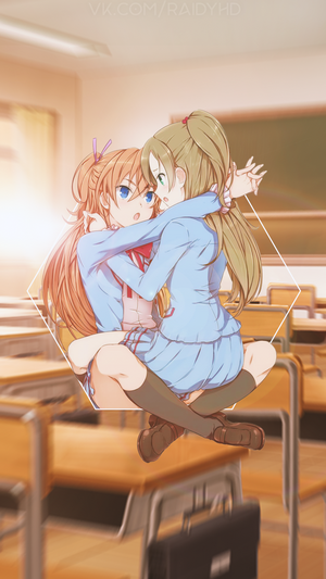 Two anime girls in school uniforms hugging in a classroom