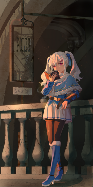 Anime girl with white hair and pink eyes reading a book