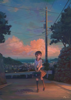 Anime girl in school uniform with a city view at dusk