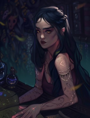 Fantasy art of a woman with dark hair and yellow eyes