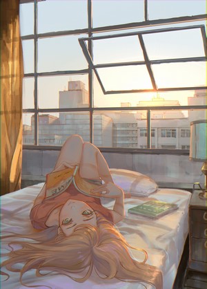 Anime girl reading a book on a bed by the window