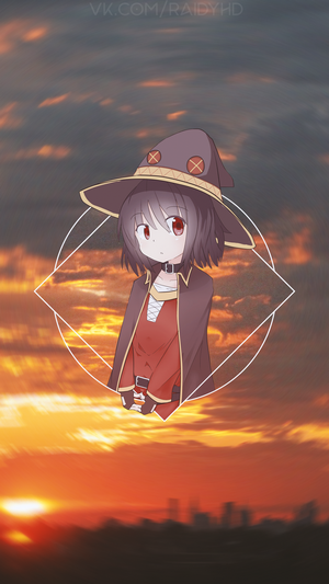 Megumin from KonoSuba against a sunset sky