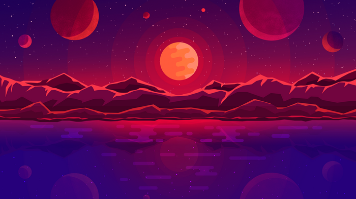 Minimalist alien landscape with planets and mountains