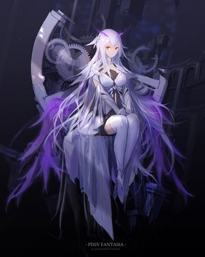 Fantasy girl with silver hair and red eyes on a throne