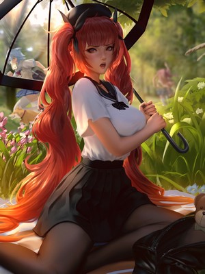 Honolulu from Azur Lane holding an umbrella