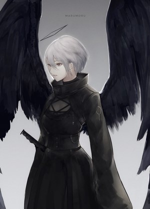 Anime girl with white hair and black wings