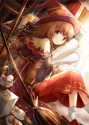 Anime girl in witch costume with broom and books