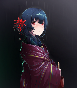 Anime girl with red eyes in kimono holding umbrella