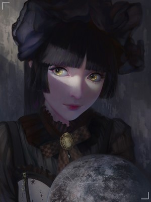 Anime girl with yellow eyes holding a moon
