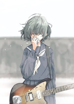 Anime girl in school uniform with guitar crying
