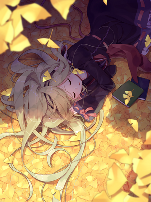 Anime girl sleeping on ginkgo leaves