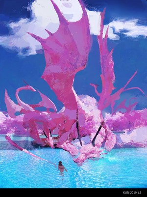 Pink dragon in water with a person