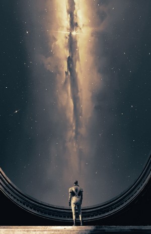 Astronaut looking at a nebula in space