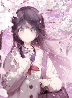Anime girl in school uniform under cherry blossoms