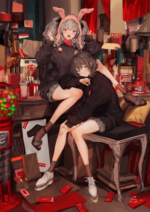 Two anime girls with bunny ears sitting together