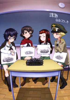 Girls und Panzer characters with tank drawings and model